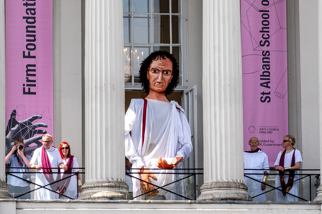 A puppet of a judge on the balcony at St Albans Museum