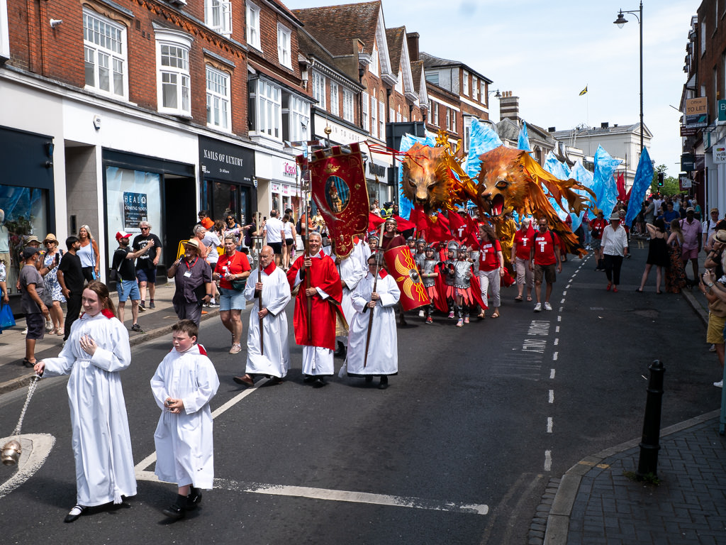 Wider view of the procession heading down Holywell Hill