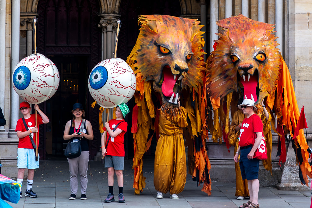 Wolf puppets and eyeballs outside the Cathedral